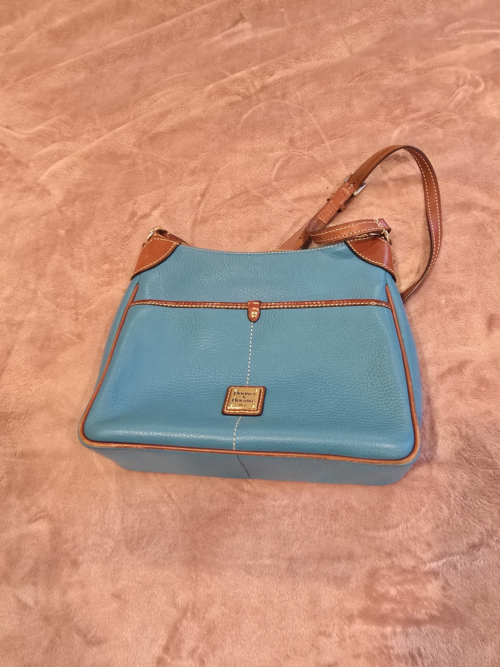 Dooney & Bourke Pebble Leather Shoulder Bag in Turquoise with Brown Trim
